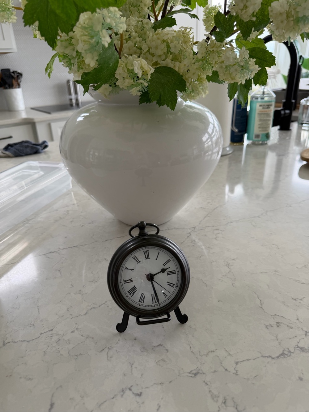 Pottery Barn Black Metal Round Table Clock with Roman Numerals